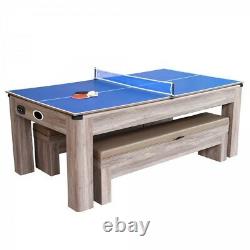 Combo Game Table Brown 7ft Air Hockey with Table Tennis Conversion Top 2 Benches