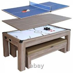 Combo Game Table Brown 7ft Air Hockey with Table Tennis Conversion Top 2 Benches