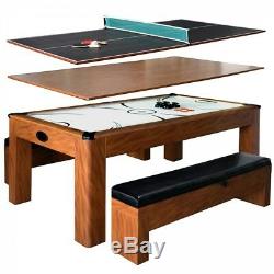 Combo Game Table Cherry 7ft Air Hockey w Table Tennis Conversion Top 2 Benches