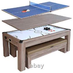 Hathaway Driftwood 7 ft Air Hockey Table Tennis Combo Set Benches